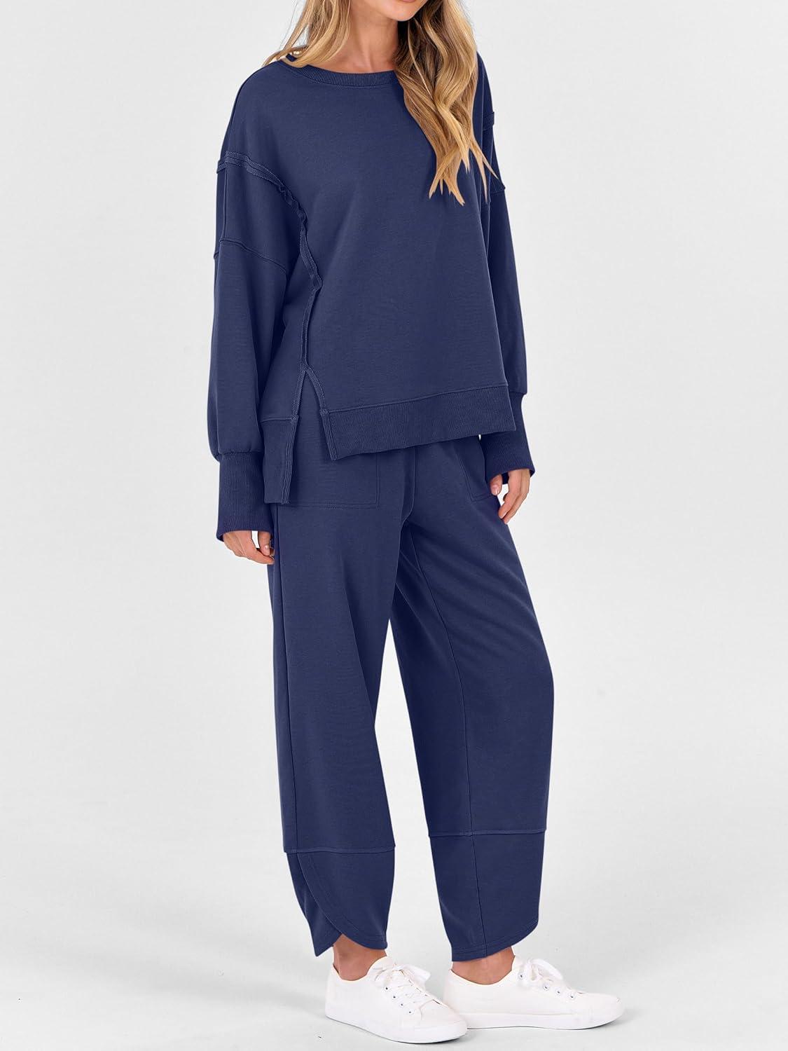 imageANRABESS Womens 2 Piece Outfits Sweatsuits Oversized Sweatshirts Barrel Pants Matching Lounge Sets 2025 Fall Travel ClothesNavy Blue