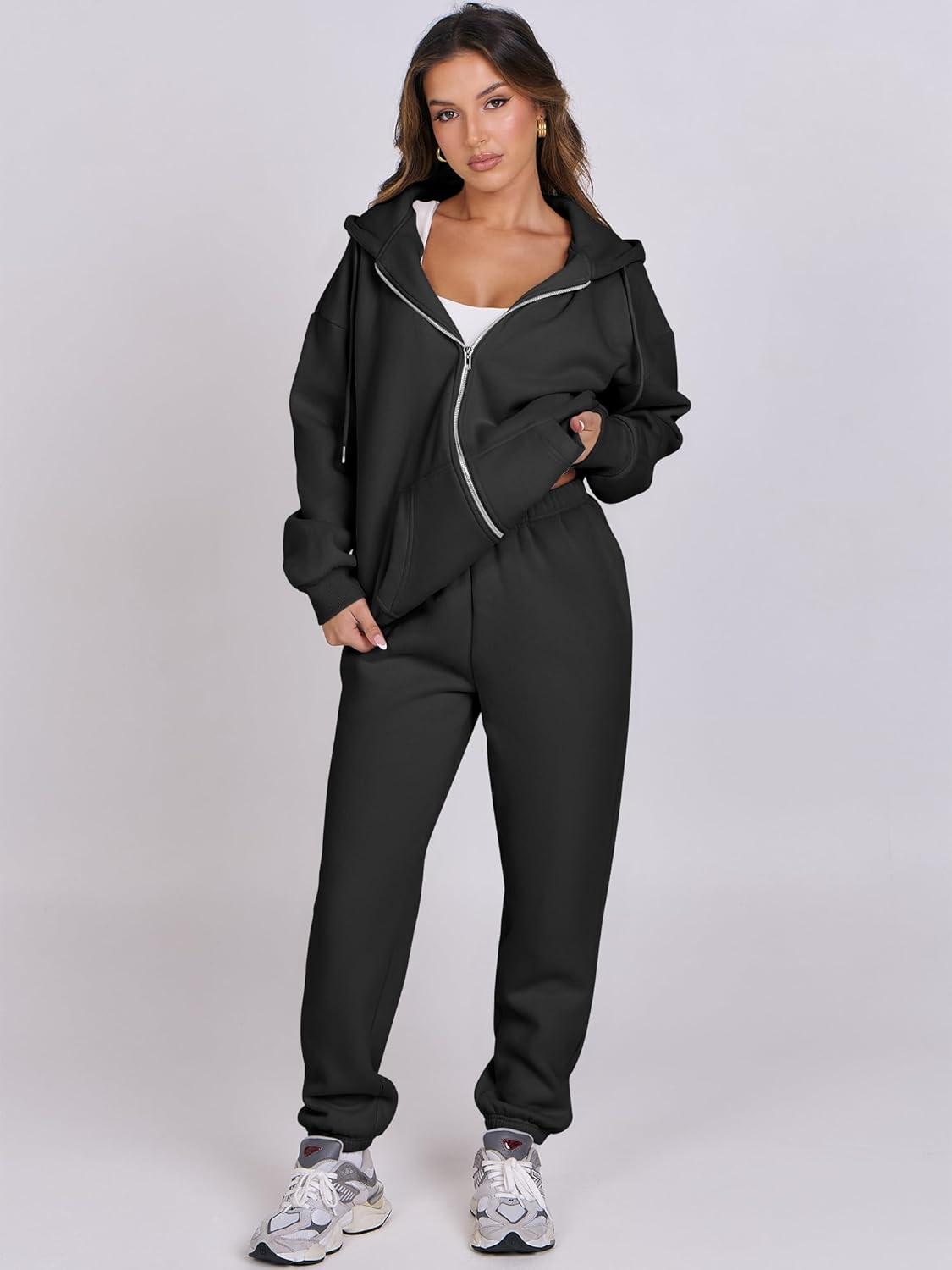 imageANRABESS Womens 2 Piece Outfits Sweatsuits Oversized Zip Up Sweatshirt Jogger Sweatpants Tracksuit Sweat Lounge Matching SetBlack