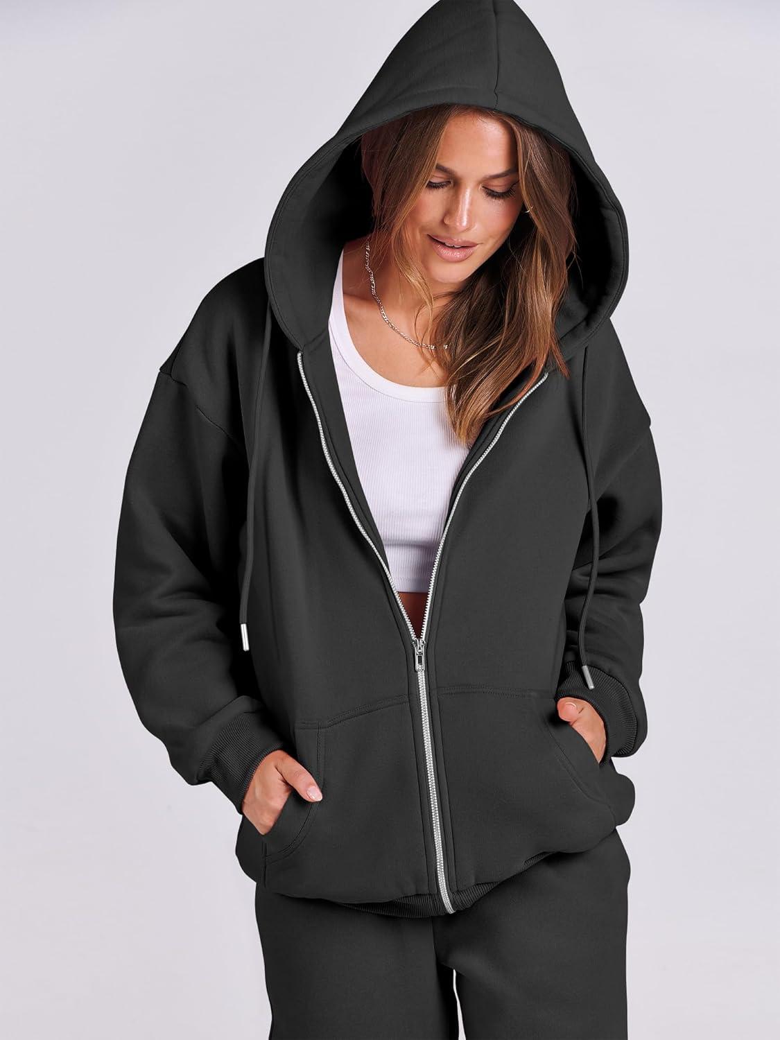 imageANRABESS Womens 2 Piece Outfits Sweatsuits Oversized Zip Up Sweatshirt Jogger Sweatpants Tracksuit Sweat Lounge Matching SetBlack