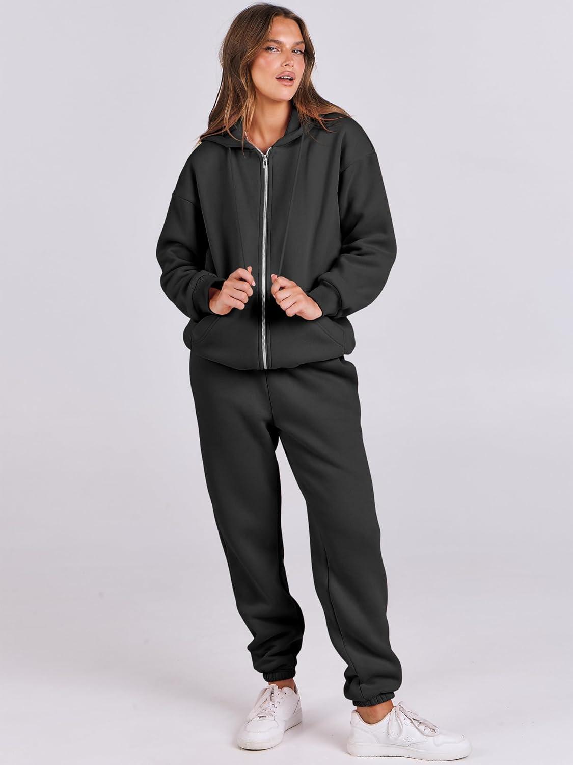 imageANRABESS Womens 2 Piece Outfits Sweatsuits Oversized Zip Up Sweatshirt Jogger Sweatpants Tracksuit Sweat Lounge Matching SetBlack