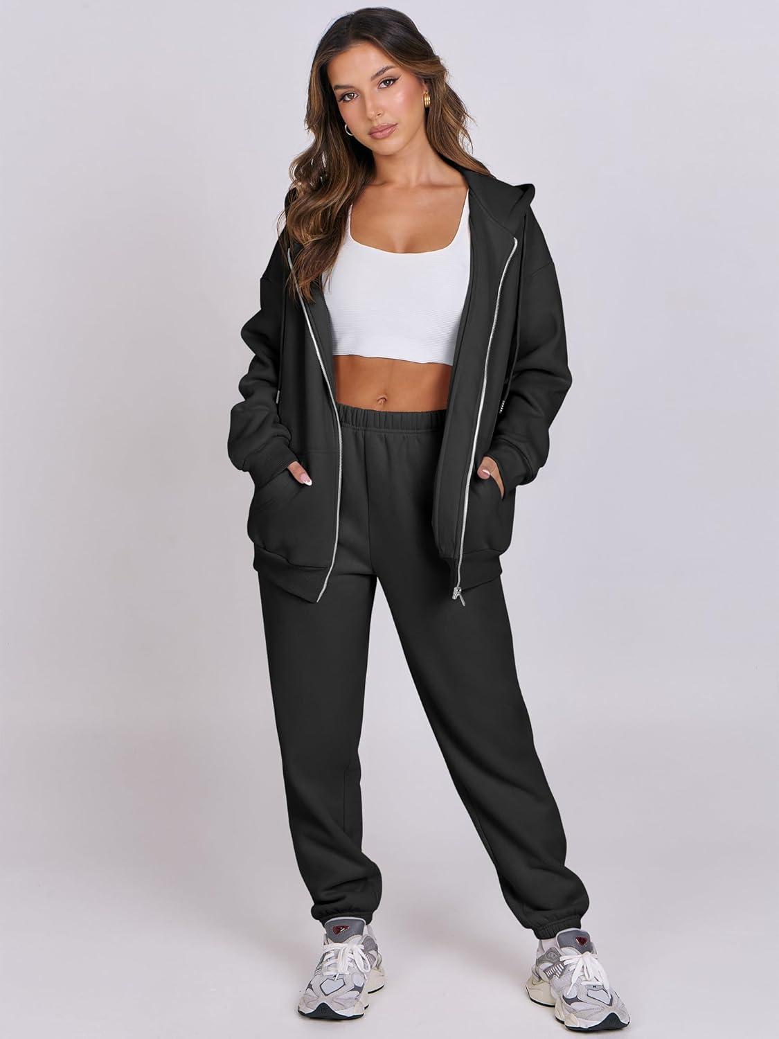 imageANRABESS Womens 2 Piece Outfits Sweatsuits Oversized Zip Up Sweatshirt Jogger Sweatpants Tracksuit Sweat Lounge Matching SetBlack