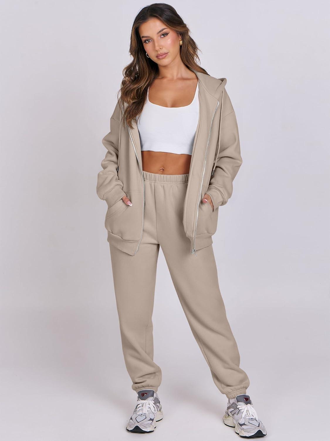 imageANRABESS Womens 2 Piece Outfits Sweatsuits Oversized Zip Up Sweatshirt Jogger Sweatpants Tracksuit Sweat Lounge Matching SetKhaki