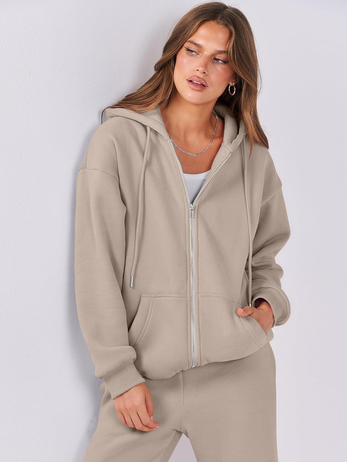 imageANRABESS Womens 2 Piece Outfits Sweatsuits Oversized Zip Up Sweatshirt Jogger Sweatpants Tracksuit Sweat Lounge Matching SetKhaki