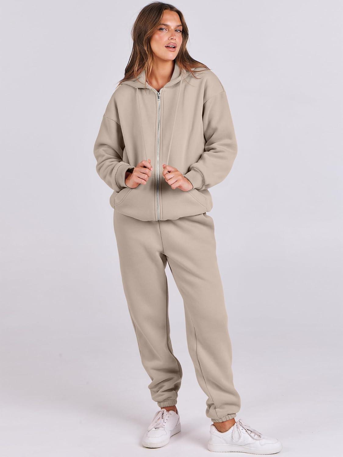 imageANRABESS Womens 2 Piece Outfits Sweatsuits Oversized Zip Up Sweatshirt Jogger Sweatpants Tracksuit Sweat Lounge Matching SetKhaki