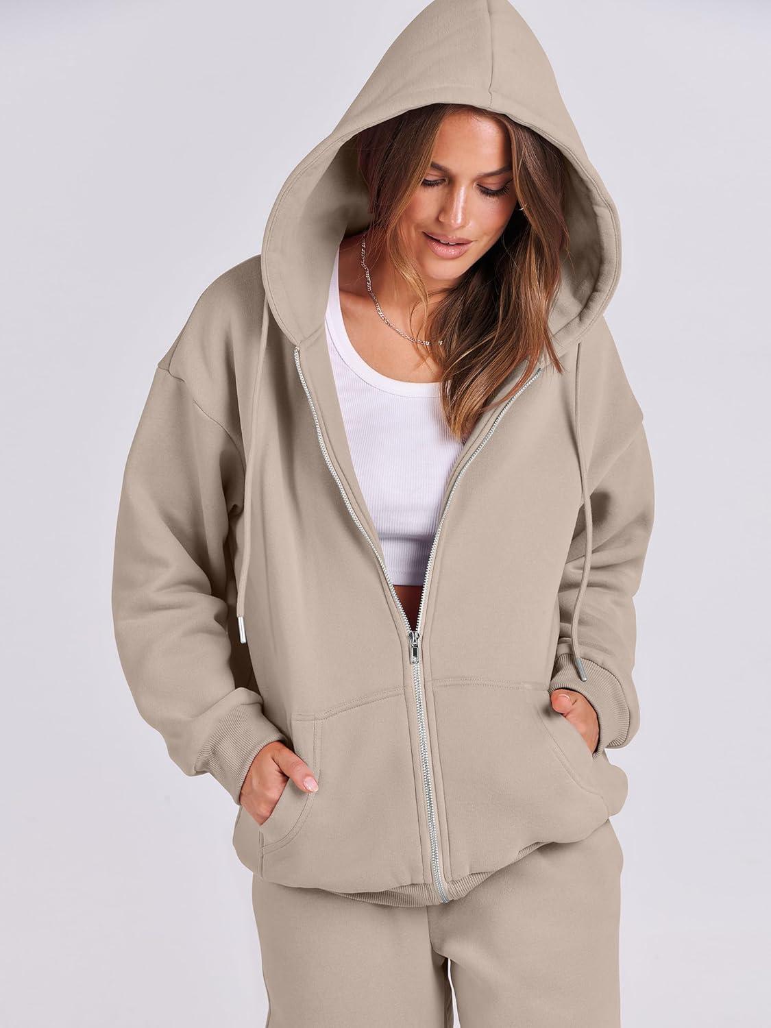 imageANRABESS Womens 2 Piece Outfits Sweatsuits Oversized Zip Up Sweatshirt Jogger Sweatpants Tracksuit Sweat Lounge Matching SetKhaki