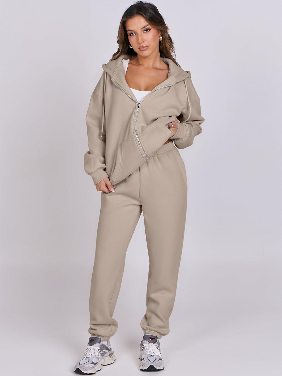 imageANRABESS Womens 2 Piece Outfits Sweatsuits Oversized Zip Up Sweatshirt Jogger Sweatpants Tracksuit Sweat Lounge Matching SetKhaki