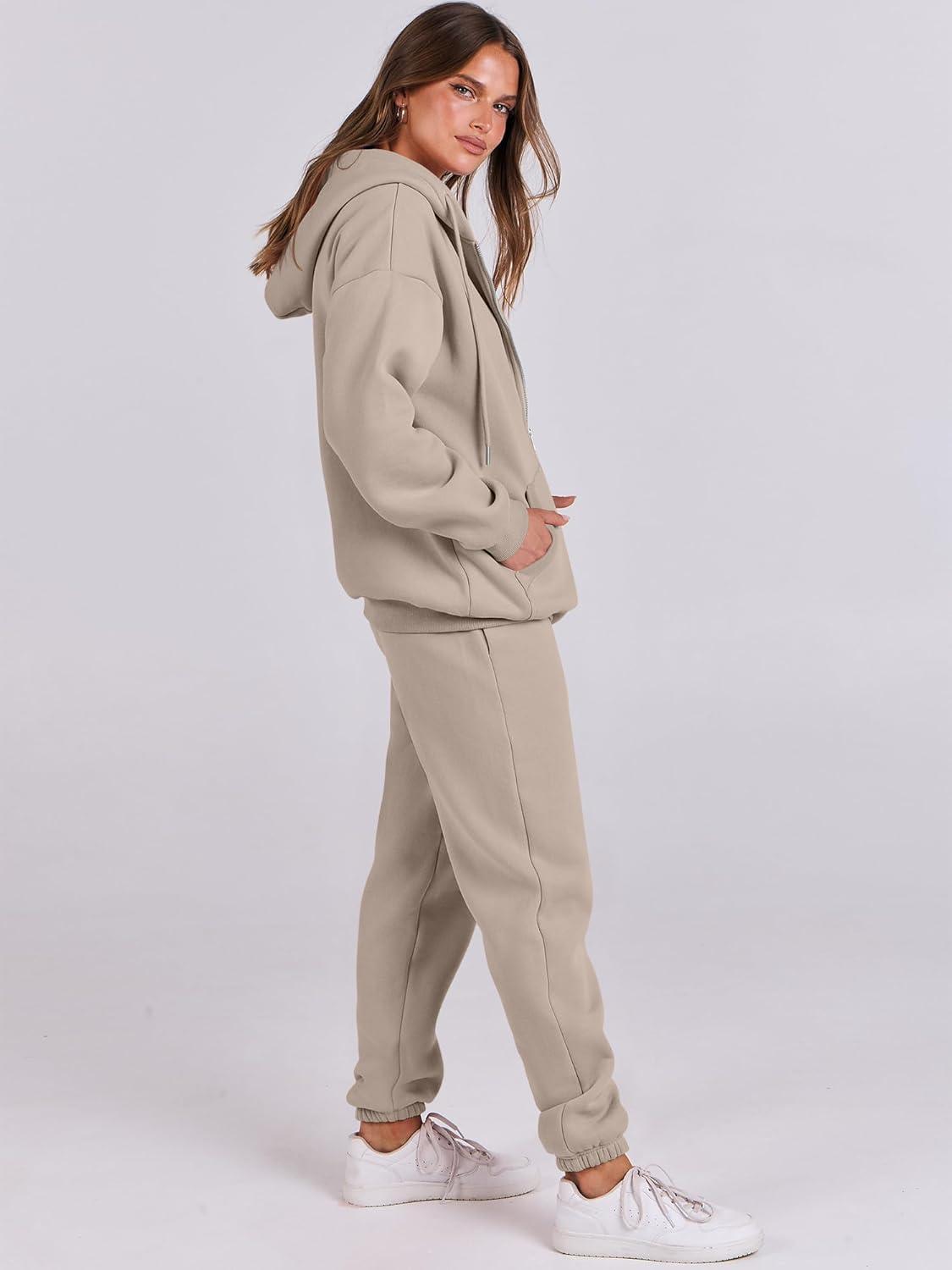 imageANRABESS Womens 2 Piece Outfits Sweatsuits Oversized Zip Up Sweatshirt Jogger Sweatpants Tracksuit Sweat Lounge Matching SetKhaki
