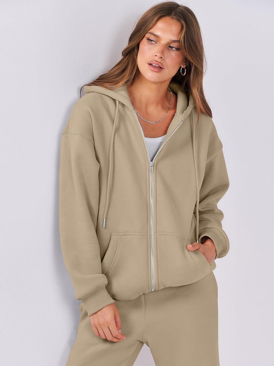 imageANRABESS Womens 2 Piece Outfits Sweatsuits Oversized Zip Up Sweatshirt Jogger Sweatpants Tracksuit Sweat Lounge Matching SetLight Khaki