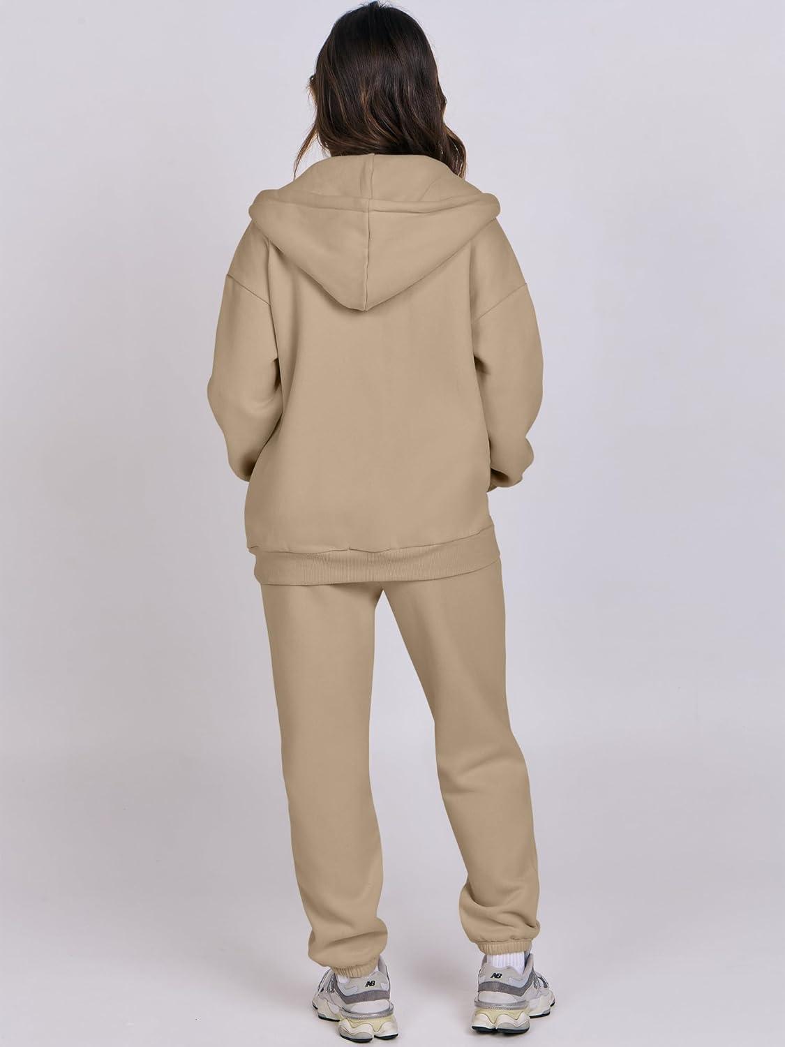 imageANRABESS Womens 2 Piece Outfits Sweatsuits Oversized Zip Up Sweatshirt Jogger Sweatpants Tracksuit Sweat Lounge Matching SetLight Khaki