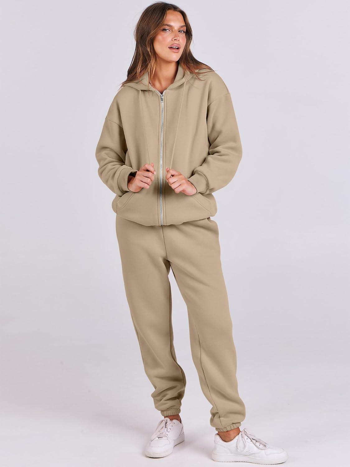 imageANRABESS Womens 2 Piece Outfits Sweatsuits Oversized Zip Up Sweatshirt Jogger Sweatpants Tracksuit Sweat Lounge Matching SetLight Khaki