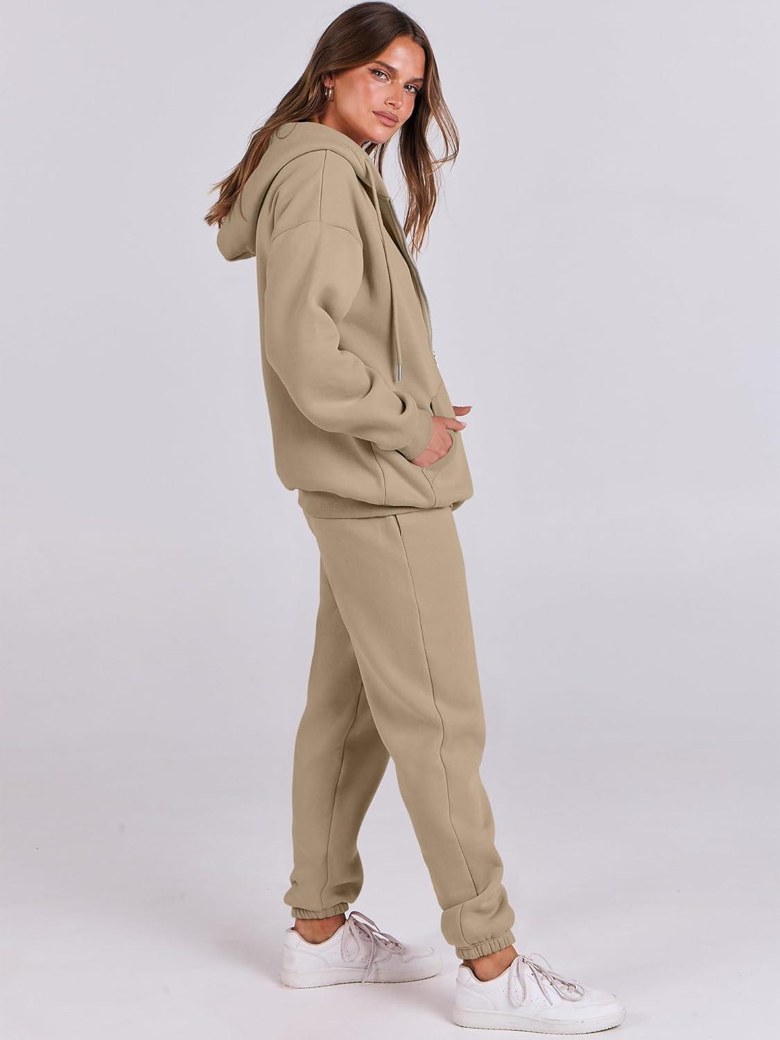 imageANRABESS Womens 2 Piece Outfits Sweatsuits Oversized Zip Up Sweatshirt Jogger Sweatpants Tracksuit Sweat Lounge Matching SetLight Khaki