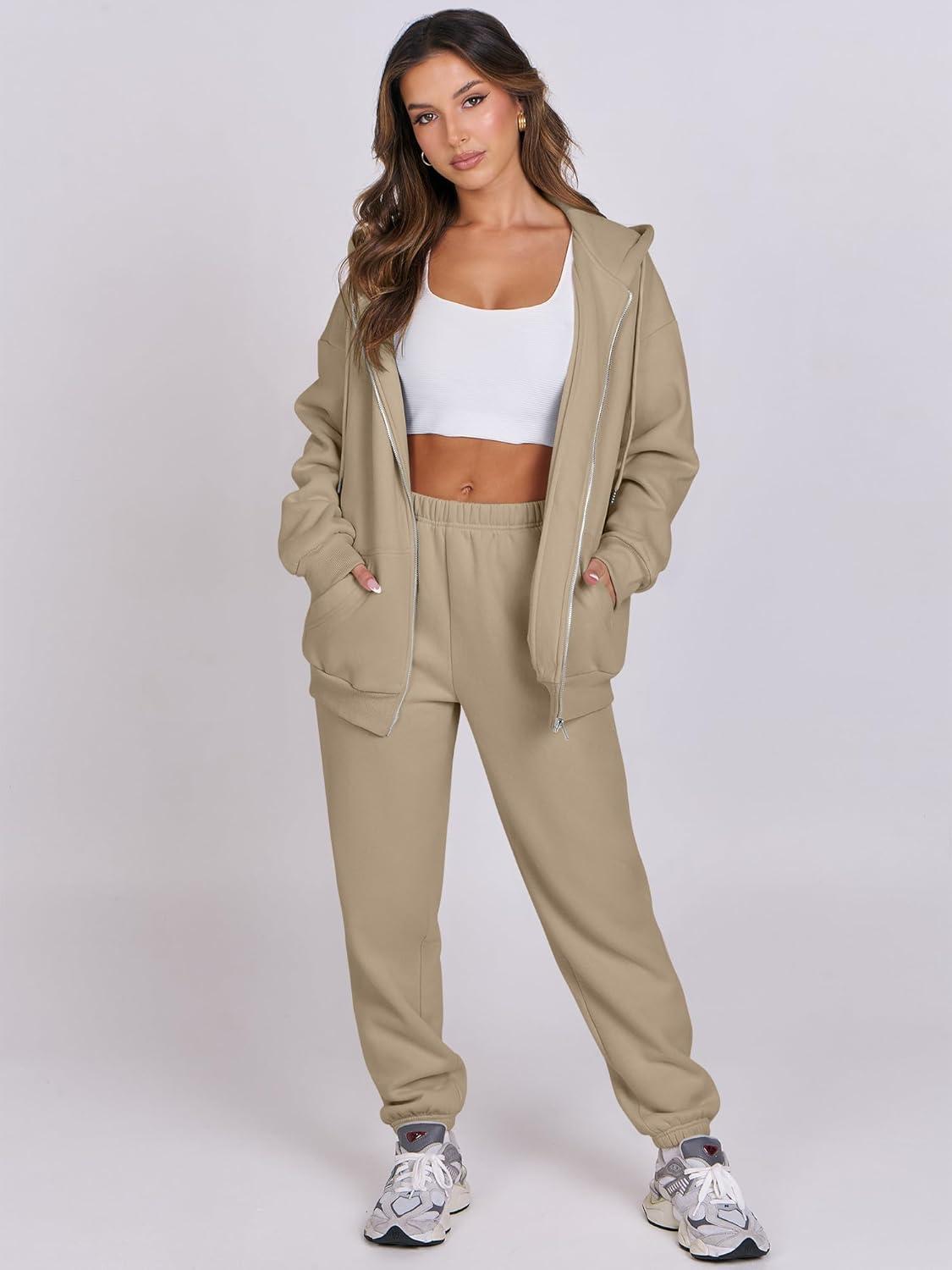 imageANRABESS Womens 2 Piece Outfits Sweatsuits Oversized Zip Up Sweatshirt Jogger Sweatpants Tracksuit Sweat Lounge Matching SetLight Khaki