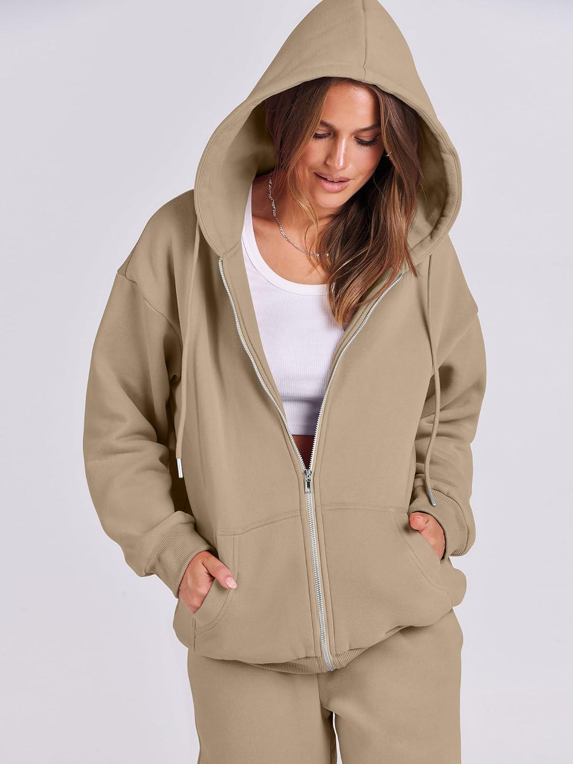 imageANRABESS Womens 2 Piece Outfits Sweatsuits Oversized Zip Up Sweatshirt Jogger Sweatpants Tracksuit Sweat Lounge Matching SetLight Khaki