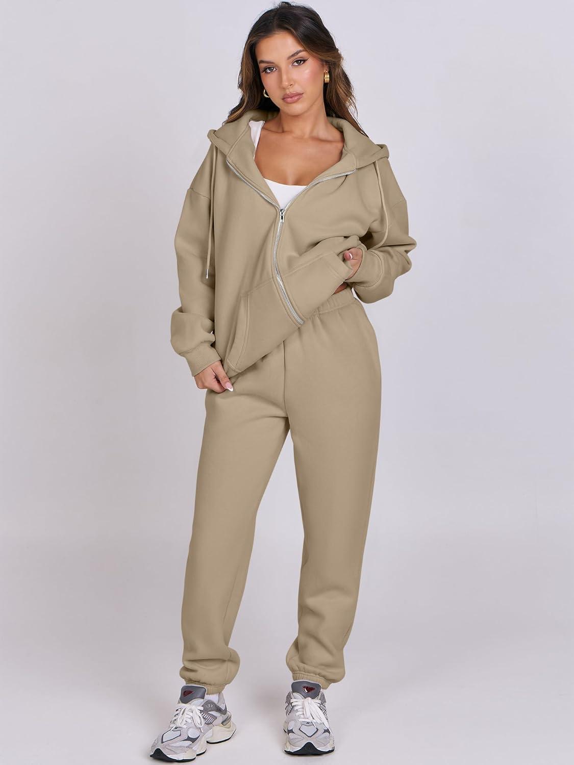 imageANRABESS Womens 2 Piece Outfits Sweatsuits Oversized Zip Up Sweatshirt Jogger Sweatpants Tracksuit Sweat Lounge Matching SetLight Khaki