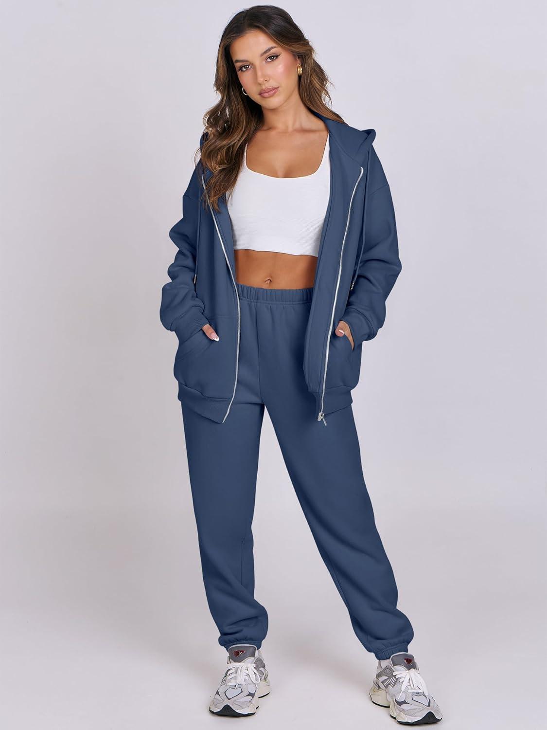imageANRABESS Womens 2 Piece Outfits Sweatsuits Oversized Zip Up Sweatshirt Jogger Sweatpants Tracksuit Sweat Lounge Matching SetNavy Blue