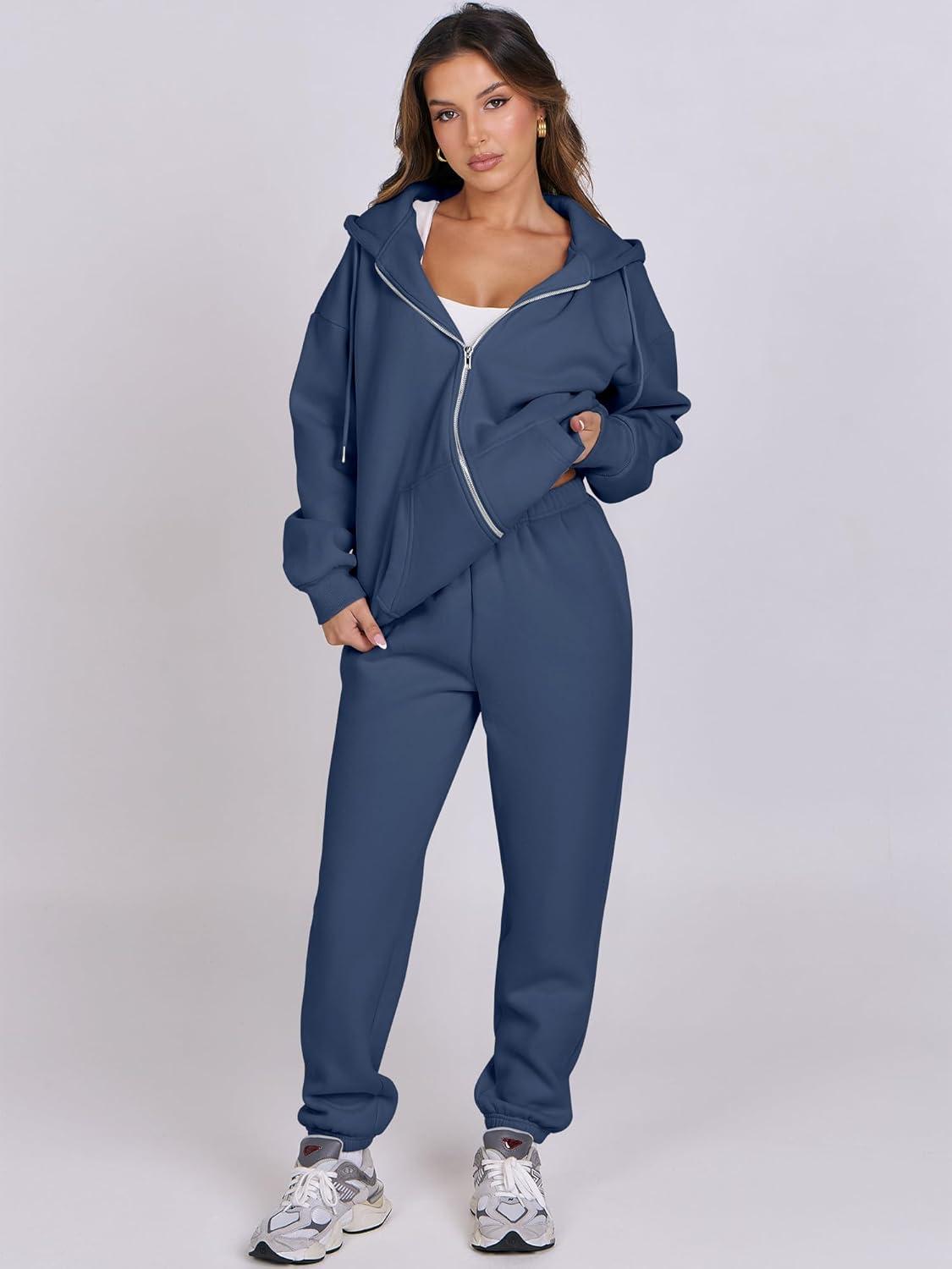 imageANRABESS Womens 2 Piece Outfits Sweatsuits Oversized Zip Up Sweatshirt Jogger Sweatpants Tracksuit Sweat Lounge Matching SetNavy Blue