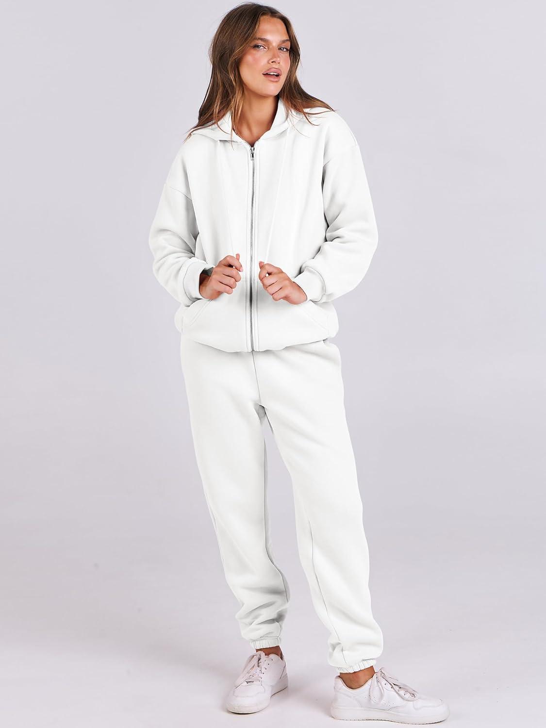imageANRABESS Womens 2 Piece Outfits Sweatsuits Oversized Zip Up Sweatshirt Jogger Sweatpants Tracksuit Sweat Lounge Matching SetWhite