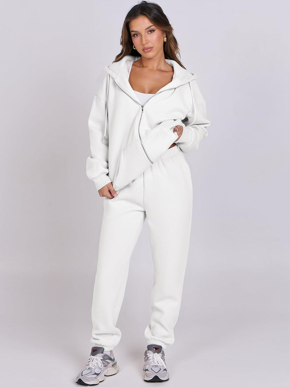 imageANRABESS Womens 2 Piece Outfits Sweatsuits Oversized Zip Up Sweatshirt Jogger Sweatpants Tracksuit Sweat Lounge Matching SetWhite