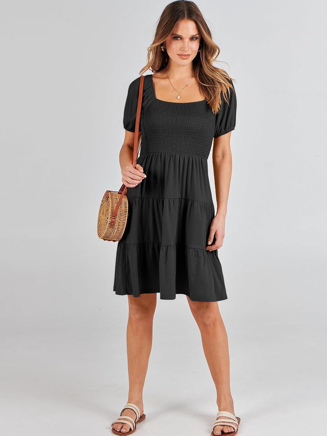 imageANRABESS Womens 2025 Summer Casual Dress Square Neck Puff Sleeve Boho Beach Vacation Short DressBlack