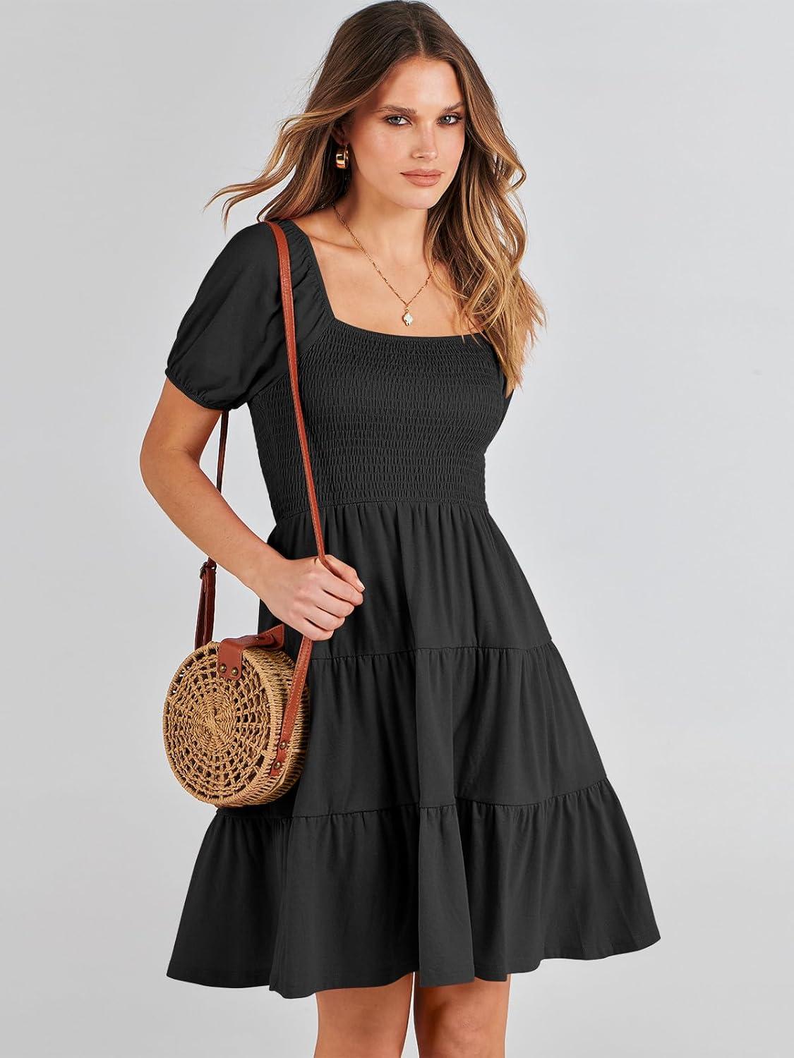 imageANRABESS Womens 2025 Summer Casual Dress Square Neck Puff Sleeve Boho Beach Vacation Short DressBlack
