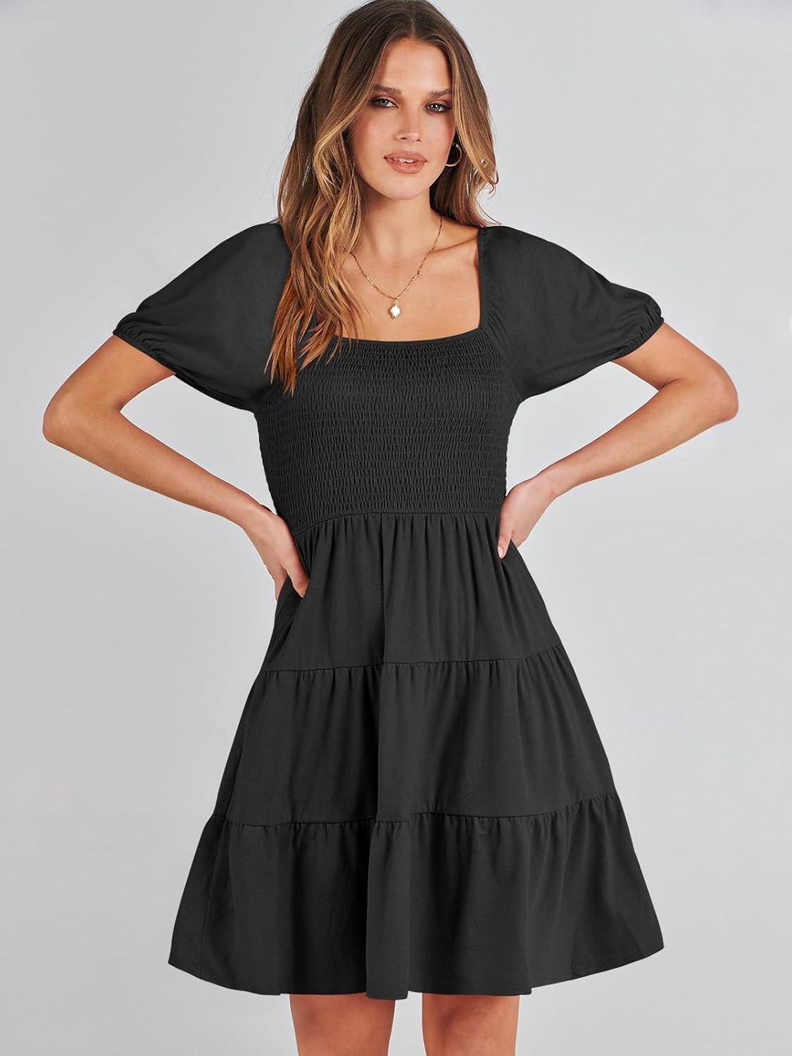 imageANRABESS Womens 2025 Summer Casual Dress Square Neck Puff Sleeve Boho Beach Vacation Short DressBlack