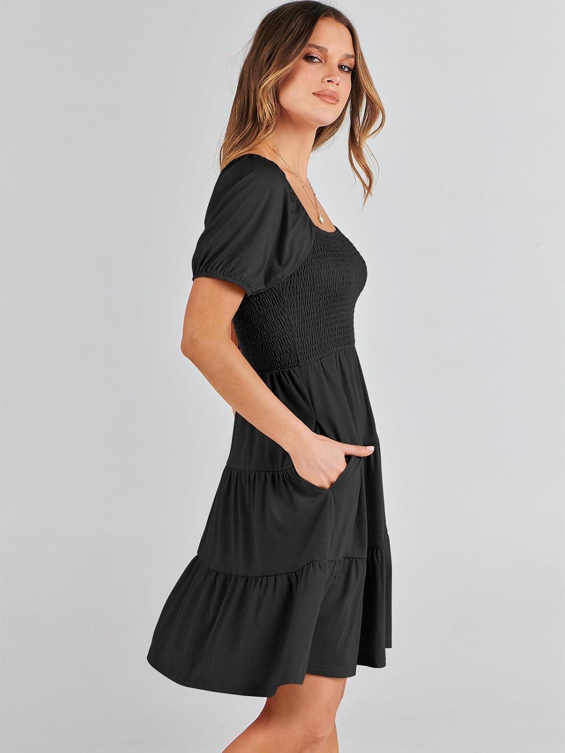 imageANRABESS Womens 2025 Summer Casual Dress Square Neck Puff Sleeve Boho Beach Vacation Short DressBlack