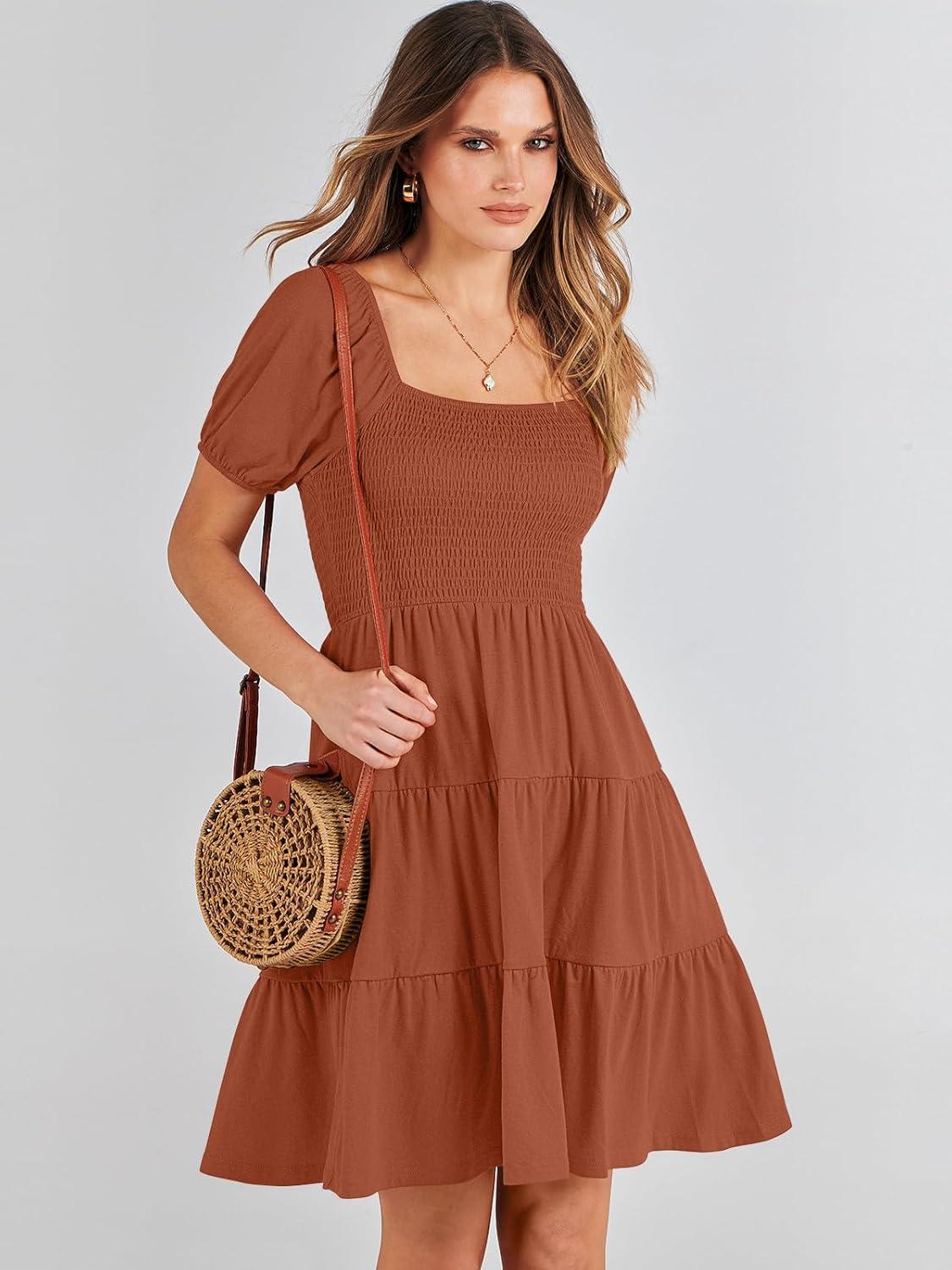 imageANRABESS Womens 2025 Summer Casual Dress Square Neck Puff Sleeve Boho Beach Vacation Short DressBrown