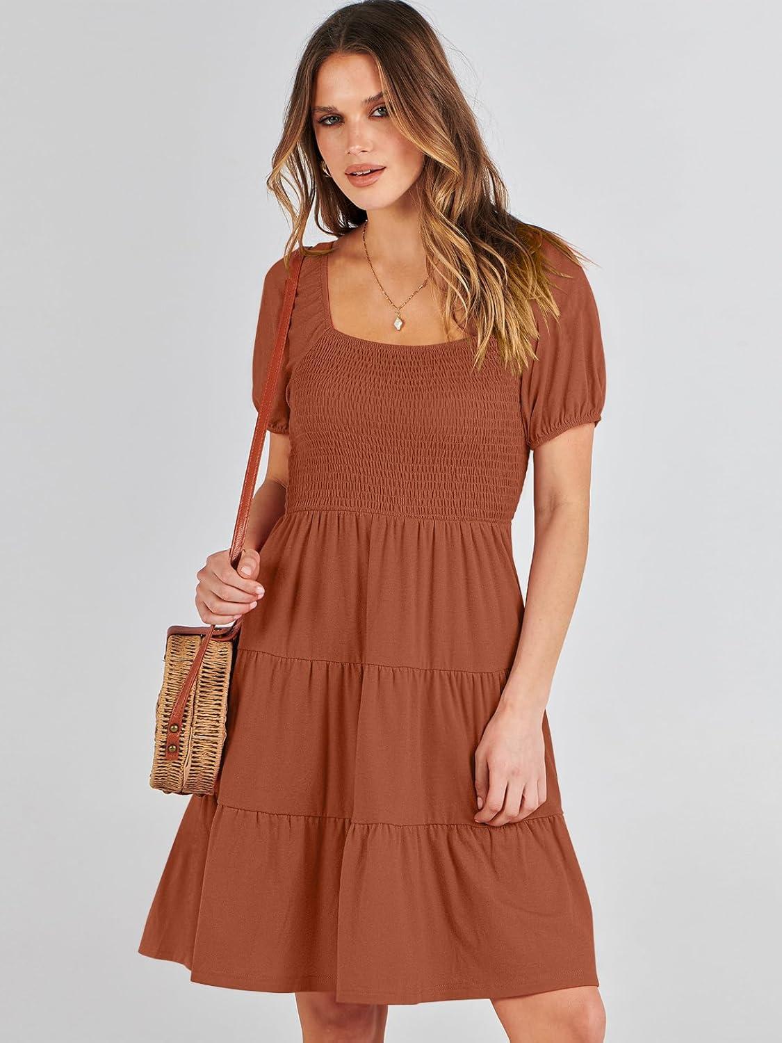 imageANRABESS Womens 2025 Summer Casual Dress Square Neck Puff Sleeve Boho Beach Vacation Short DressBrown