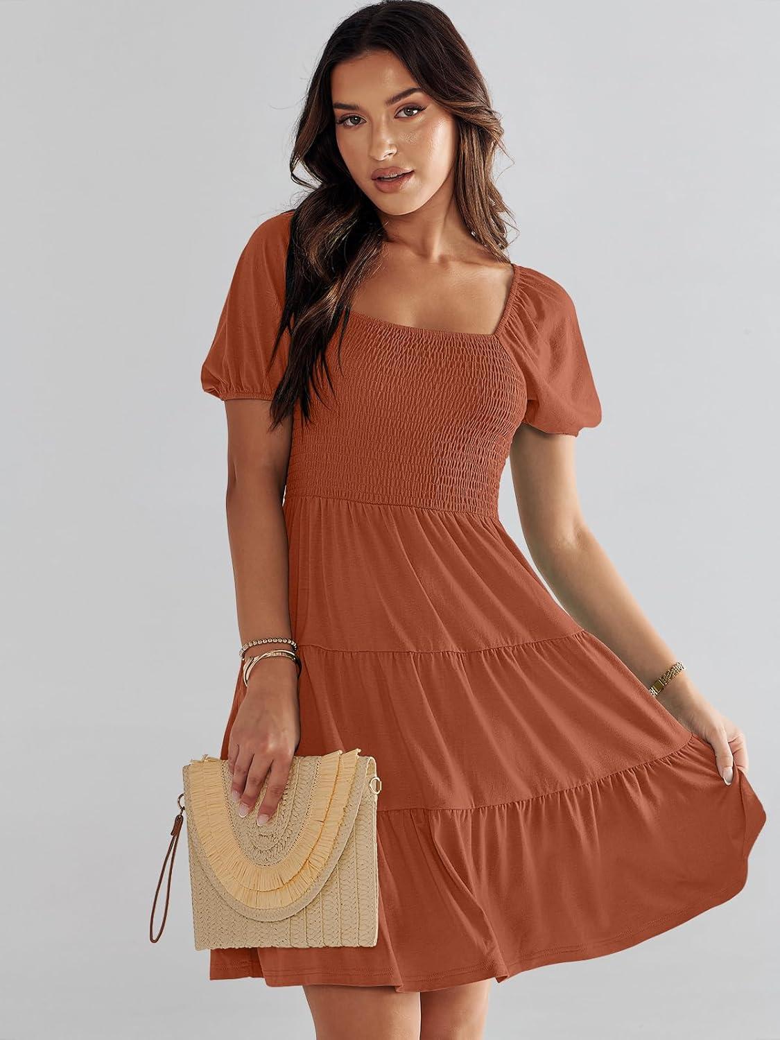 imageANRABESS Womens 2025 Summer Casual Dress Square Neck Puff Sleeve Boho Beach Vacation Short DressBrown