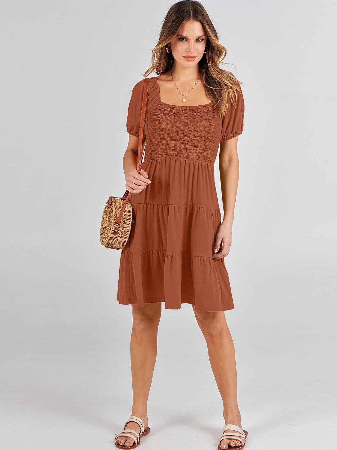 imageANRABESS Womens 2025 Summer Casual Dress Square Neck Puff Sleeve Boho Beach Vacation Short DressBrown