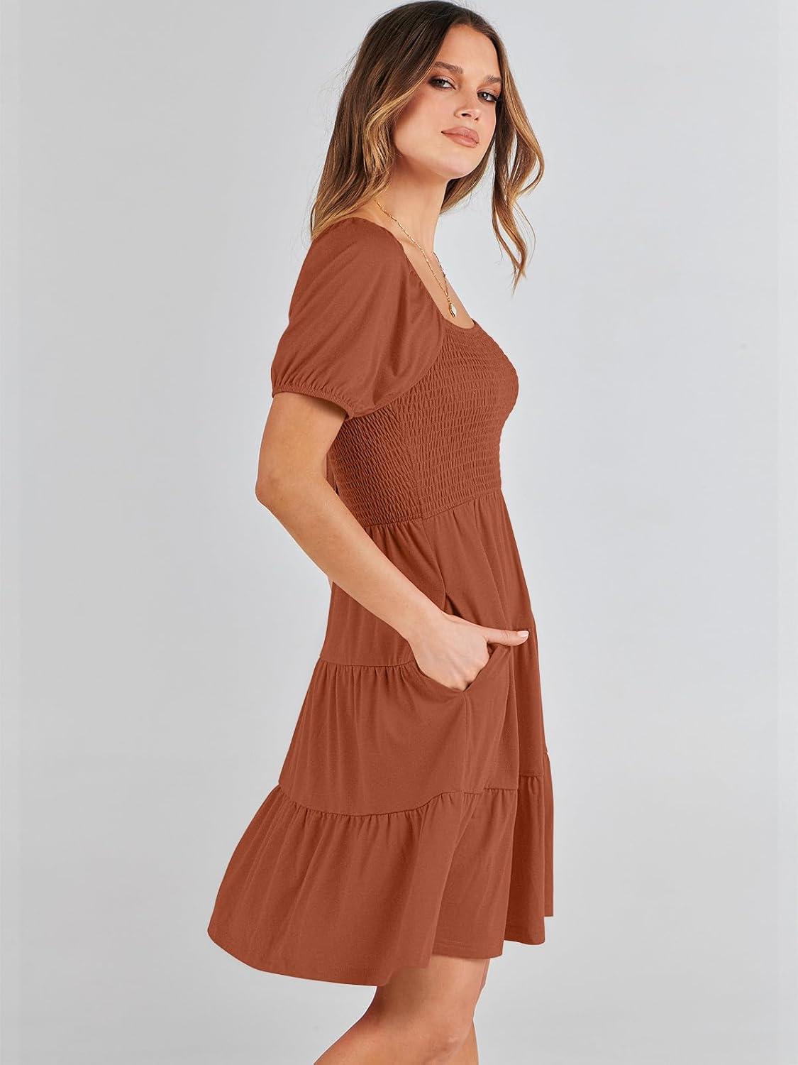 imageANRABESS Womens 2025 Summer Casual Dress Square Neck Puff Sleeve Boho Beach Vacation Short DressBrown