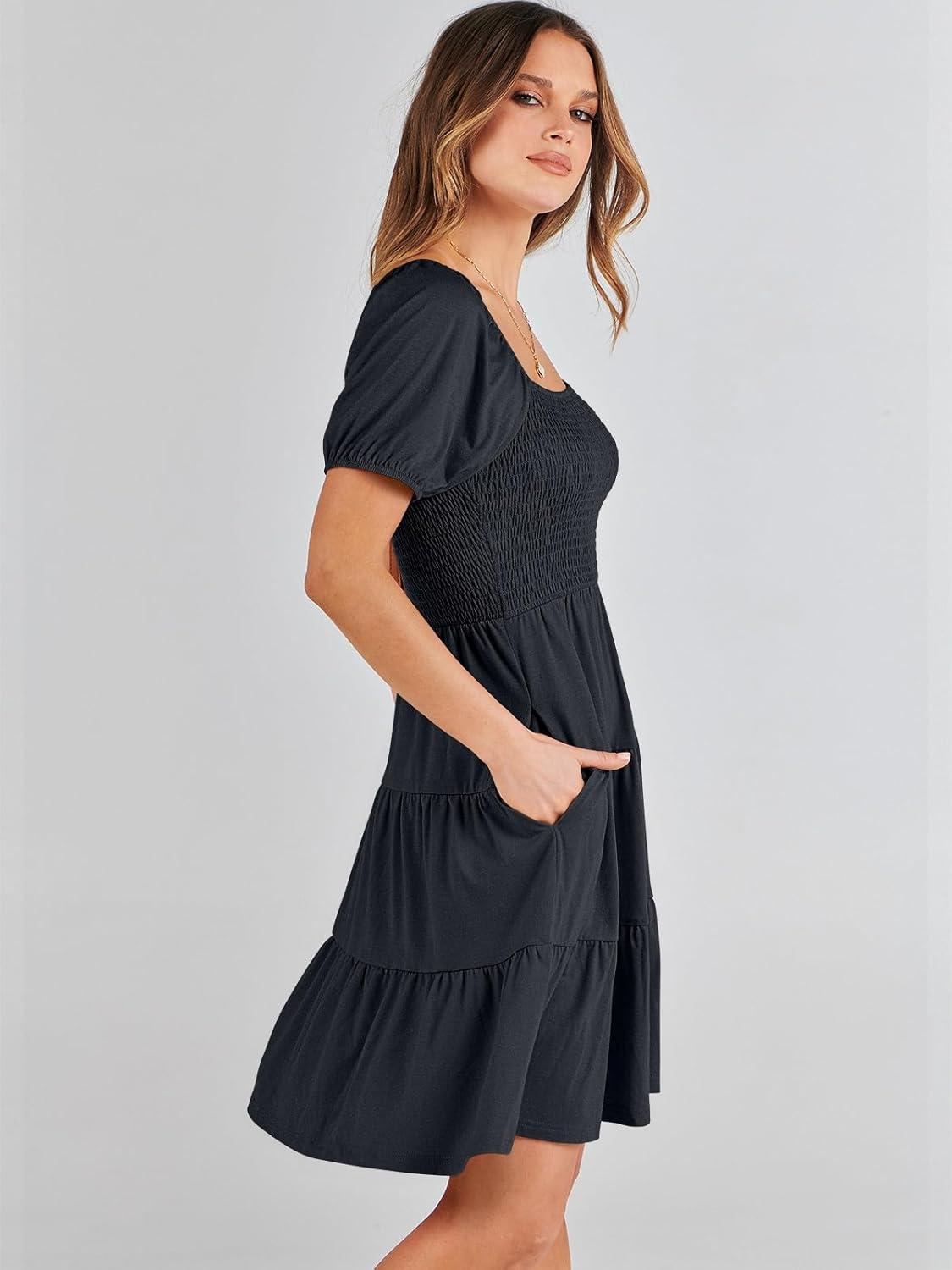 imageANRABESS Womens 2025 Summer Casual Dress Square Neck Puff Sleeve Boho Beach Vacation Short DressDark Blue