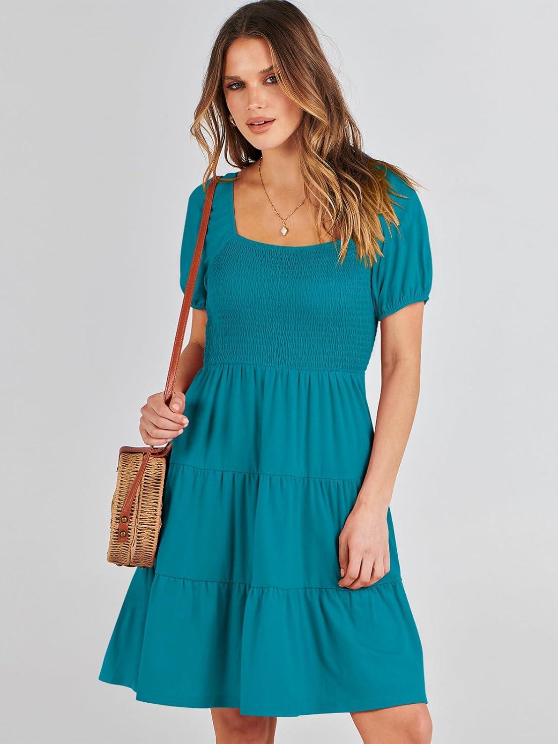 imageANRABESS Womens 2025 Summer Casual Dress Square Neck Puff Sleeve Boho Beach Vacation Short DressLake Green Teal