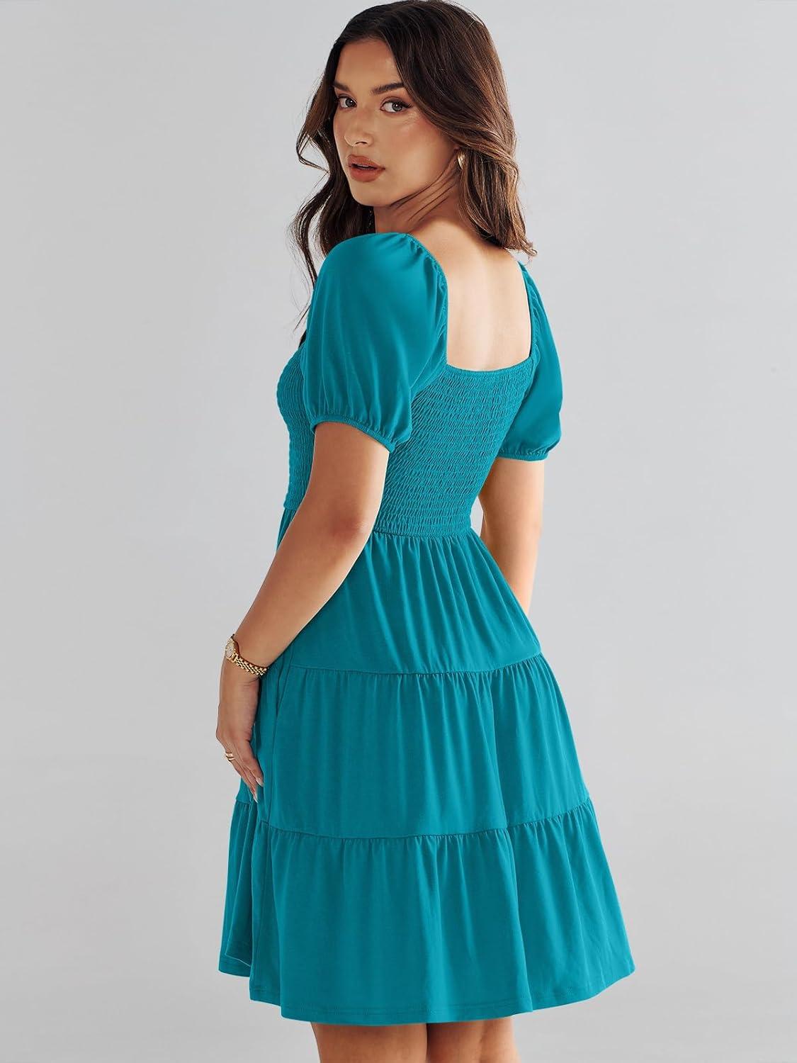 imageANRABESS Womens 2025 Summer Casual Dress Square Neck Puff Sleeve Boho Beach Vacation Short DressLake Green Teal