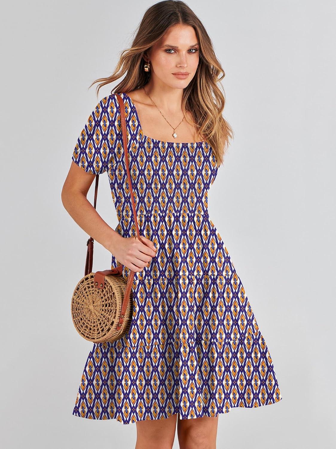 imageANRABESS Womens 2025 Summer Casual Dress Square Neck Puff Sleeve Boho Beach Vacation Short DressOrange Diamond