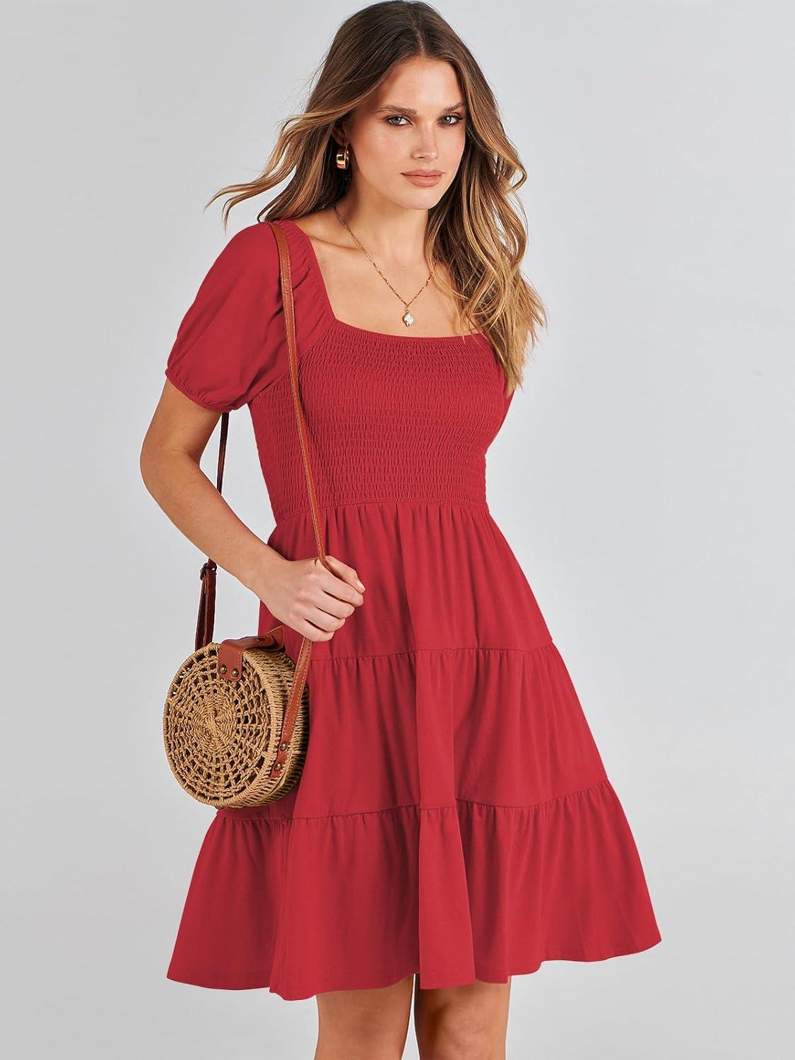 imageANRABESS Womens 2025 Summer Casual Dress Square Neck Puff Sleeve Boho Beach Vacation Short DressRed