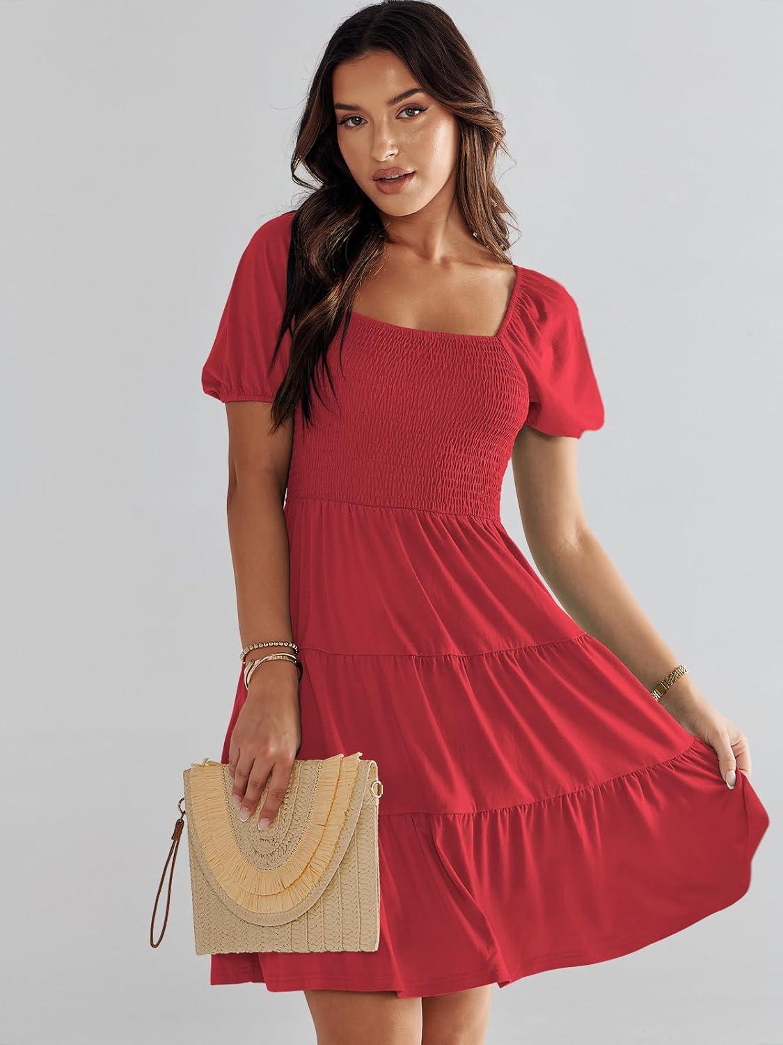 imageANRABESS Womens 2025 Summer Casual Dress Square Neck Puff Sleeve Boho Beach Vacation Short DressRed