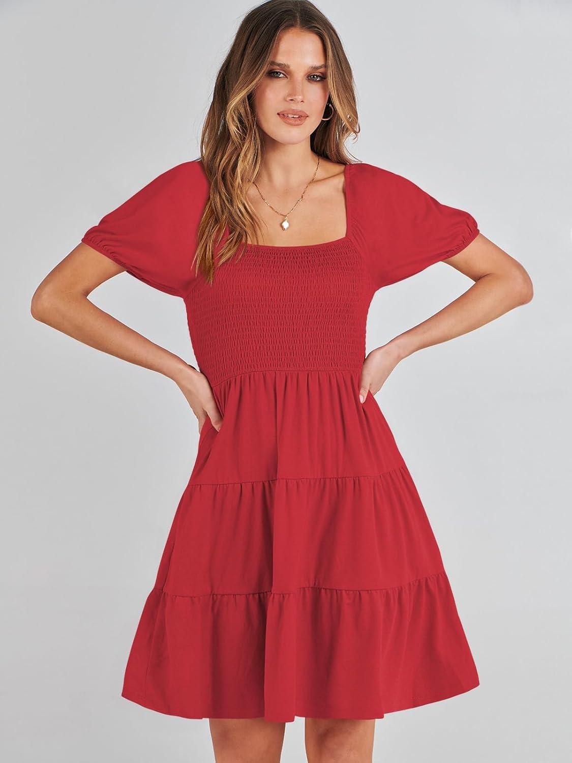 imageANRABESS Womens 2025 Summer Casual Dress Square Neck Puff Sleeve Boho Beach Vacation Short DressRed