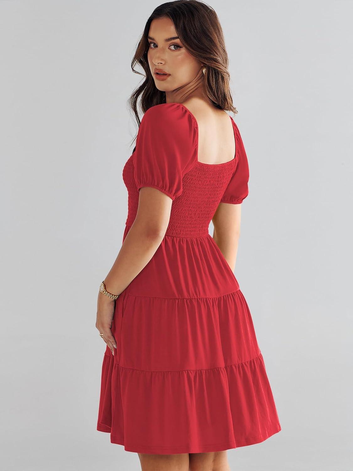 imageANRABESS Womens 2025 Summer Casual Dress Square Neck Puff Sleeve Boho Beach Vacation Short DressRed