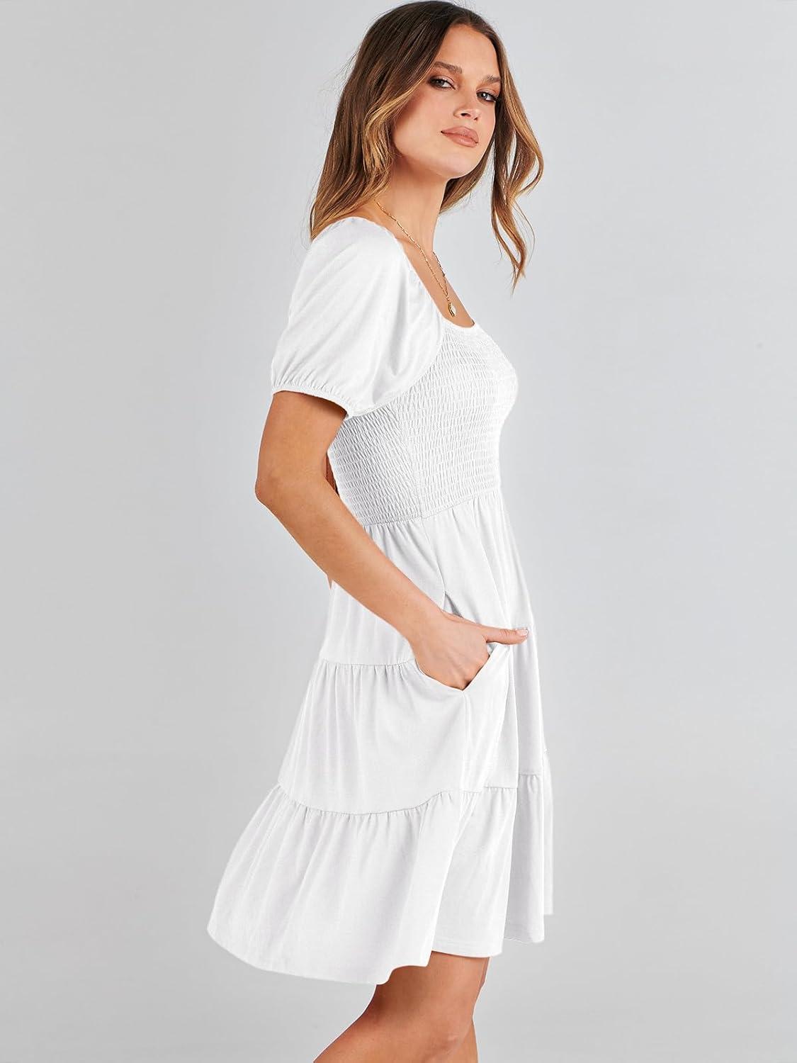 imageANRABESS Womens 2025 Summer Casual Dress Square Neck Puff Sleeve Boho Beach Vacation Short DressWhite