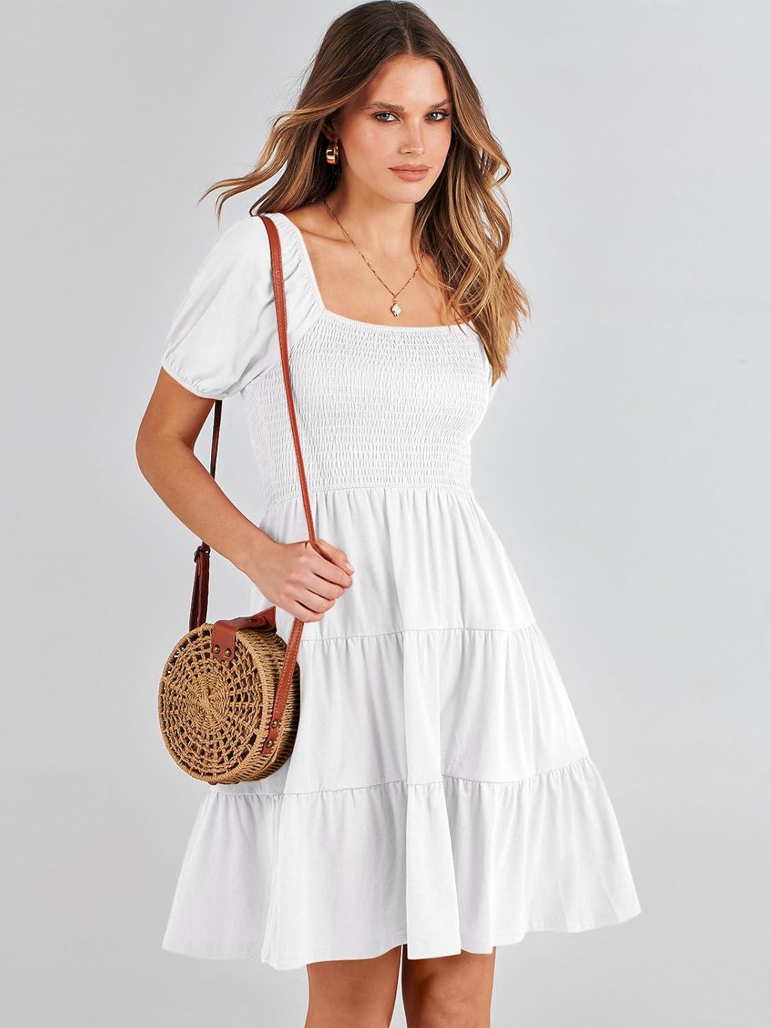 imageANRABESS Womens 2025 Summer Casual Dress Square Neck Puff Sleeve Boho Beach Vacation Short DressWhite