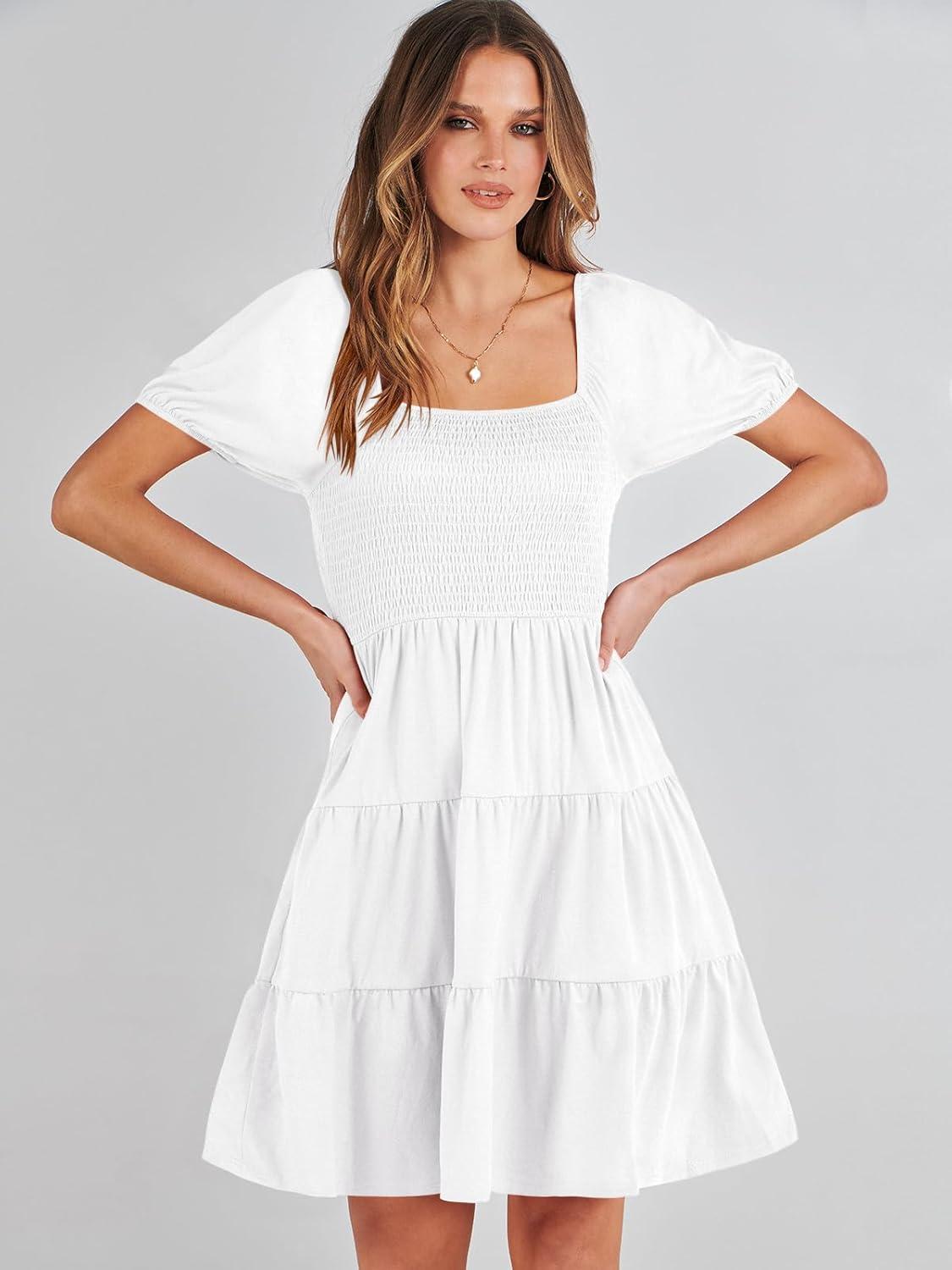 imageANRABESS Womens 2025 Summer Casual Dress Square Neck Puff Sleeve Boho Beach Vacation Short DressWhite