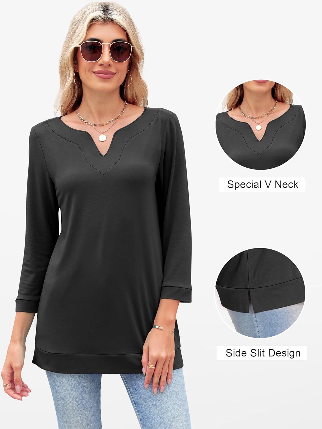 imageANRABESS Womens 34 Length Sleeve Tops V Neck Basic Tee Shirts 2025 Spring Summer Dressy Casual Tunic Blouses OutfitsBlack