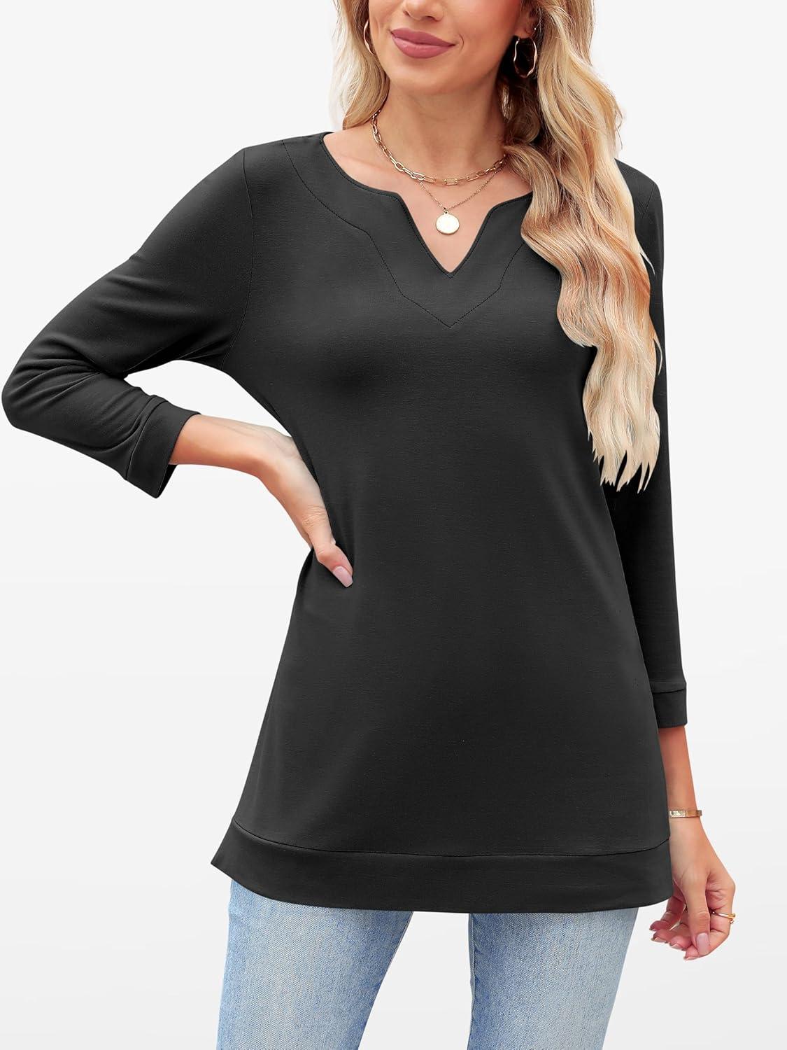 imageANRABESS Womens 34 Length Sleeve Tops V Neck Basic Tee Shirts 2025 Spring Summer Dressy Casual Tunic Blouses OutfitsBlack