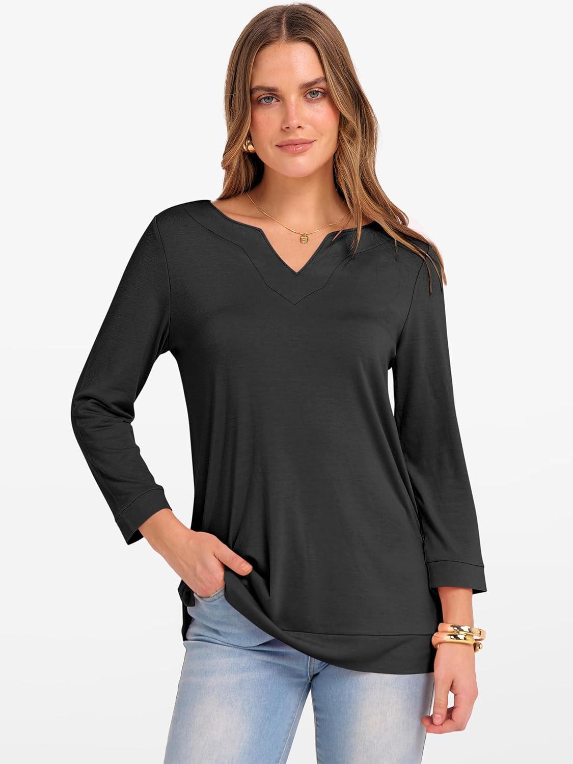 imageANRABESS Womens 34 Length Sleeve Tops V Neck Basic Tee Shirts 2025 Spring Summer Dressy Casual Tunic Blouses OutfitsBlack