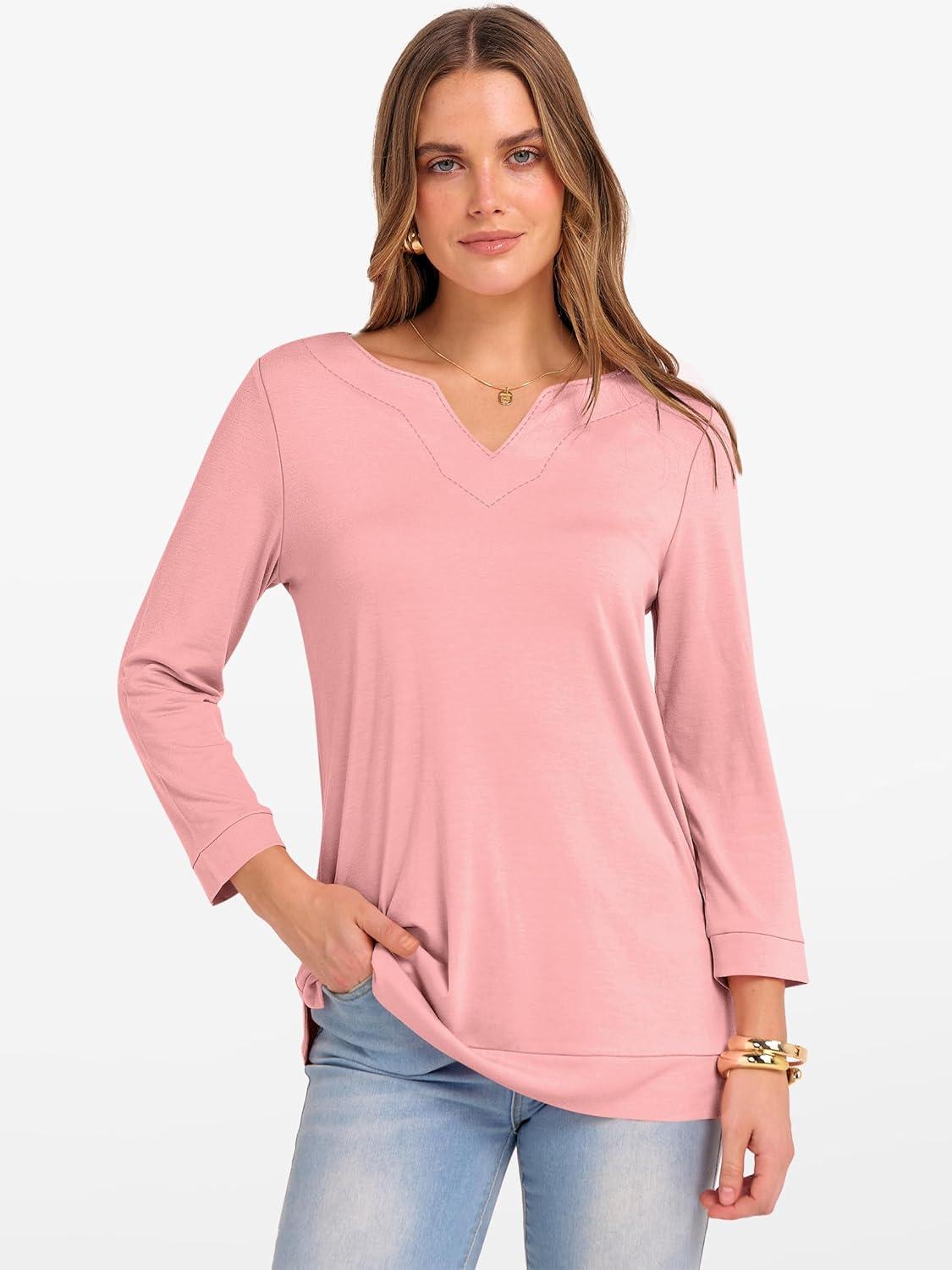 imageANRABESS Womens 34 Length Sleeve Tops V Neck Basic Tee Shirts 2025 Spring Summer Dressy Casual Tunic Blouses OutfitsCoral Pink