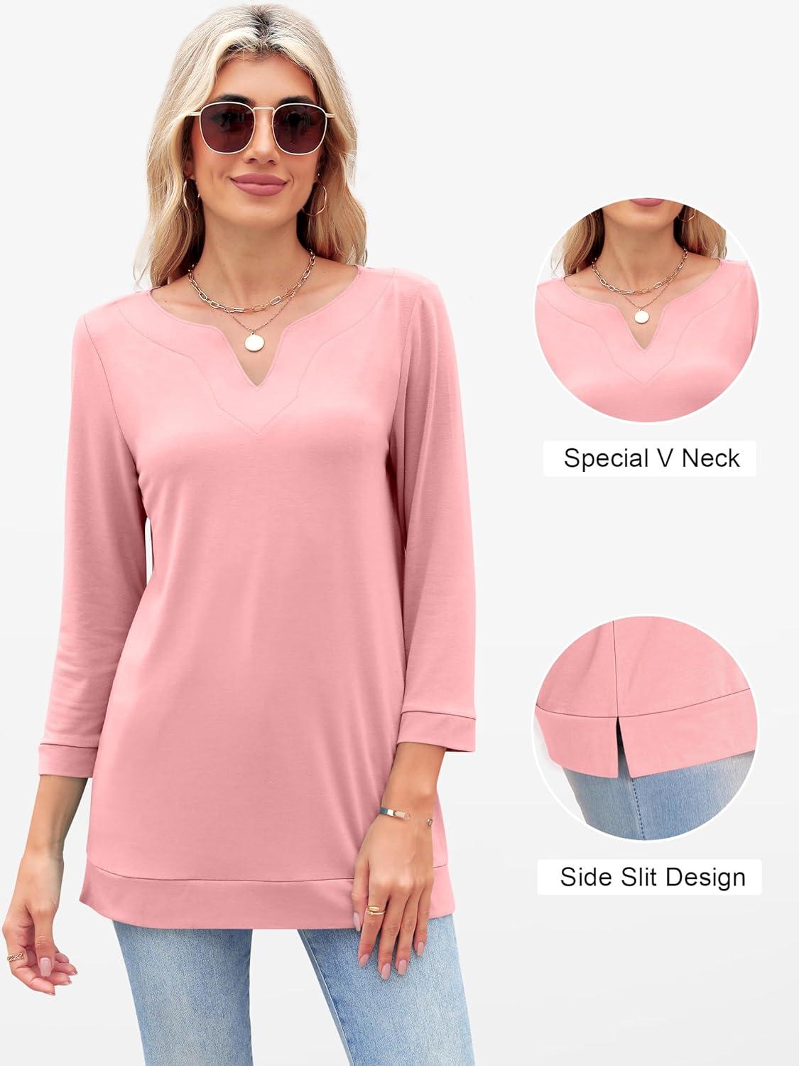 imageANRABESS Womens 34 Length Sleeve Tops V Neck Basic Tee Shirts 2025 Spring Summer Dressy Casual Tunic Blouses OutfitsCoral Pink