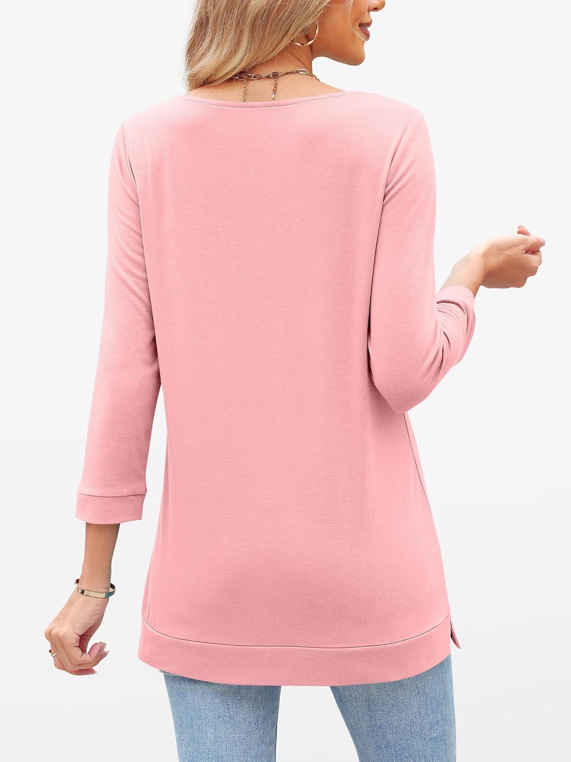 imageANRABESS Womens 34 Length Sleeve Tops V Neck Basic Tee Shirts 2025 Spring Summer Dressy Casual Tunic Blouses OutfitsCoral Pink