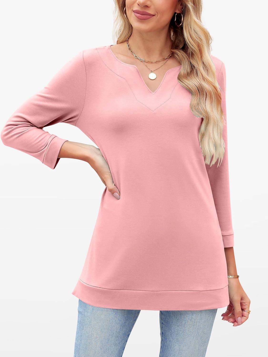 imageANRABESS Womens 34 Length Sleeve Tops V Neck Basic Tee Shirts 2025 Spring Summer Dressy Casual Tunic Blouses OutfitsCoral Pink