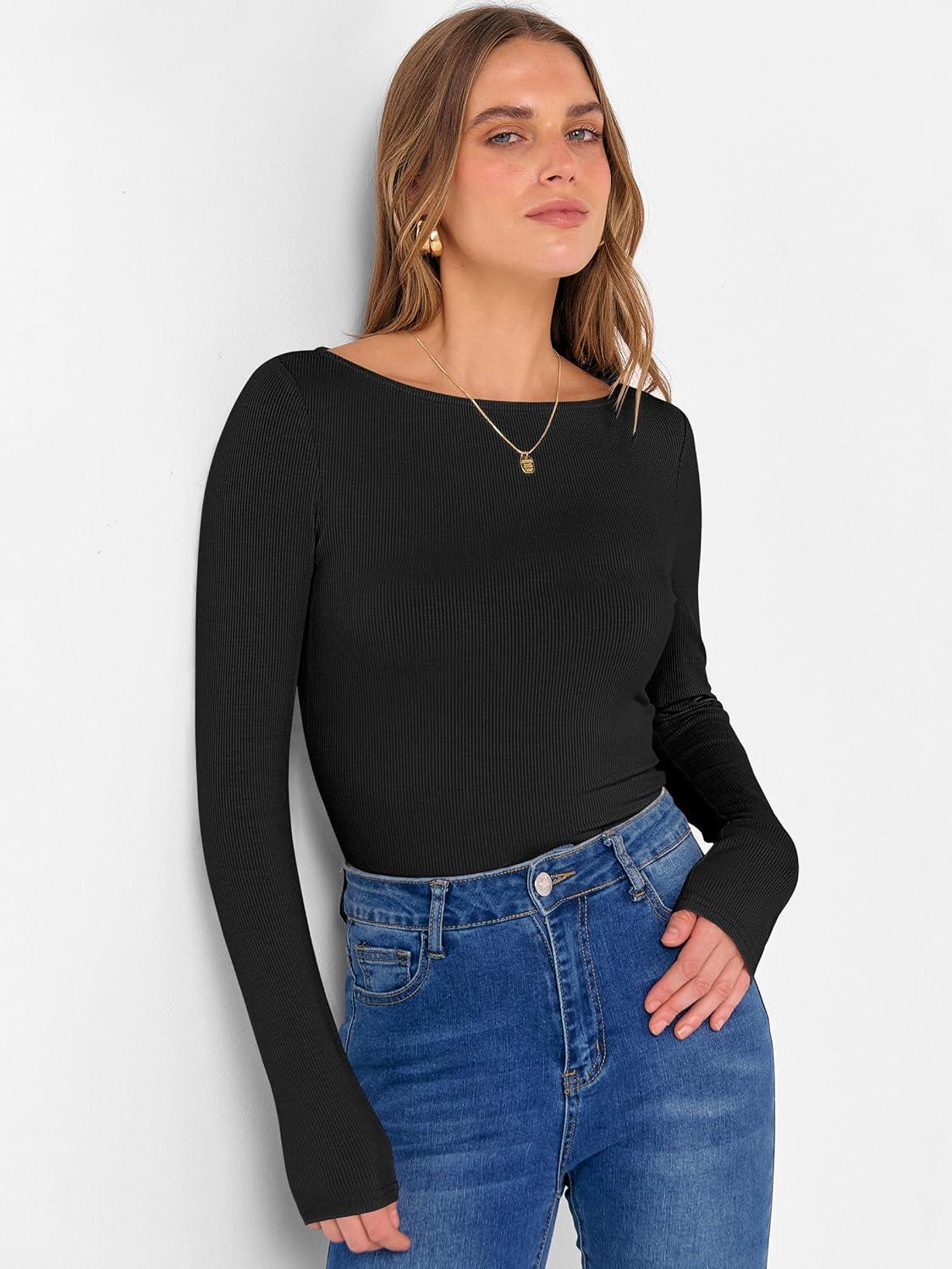 imageANRABESS Womens Boat Neck Long Sleeve Shirts Rib Knit Slim Fitting Tops Basic Tees 2025 Casual Comfy Fall Outfits ClothesBlack